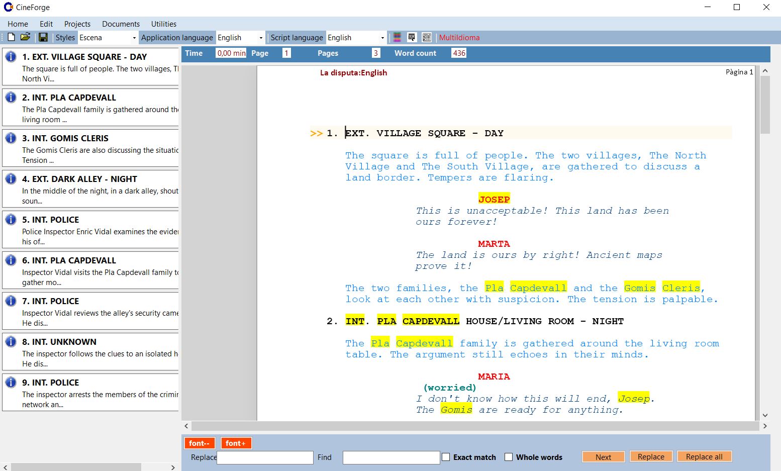 Vista de l'editor amb números d'escena